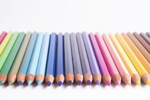 たくさんの色鉛筆を並べた様子